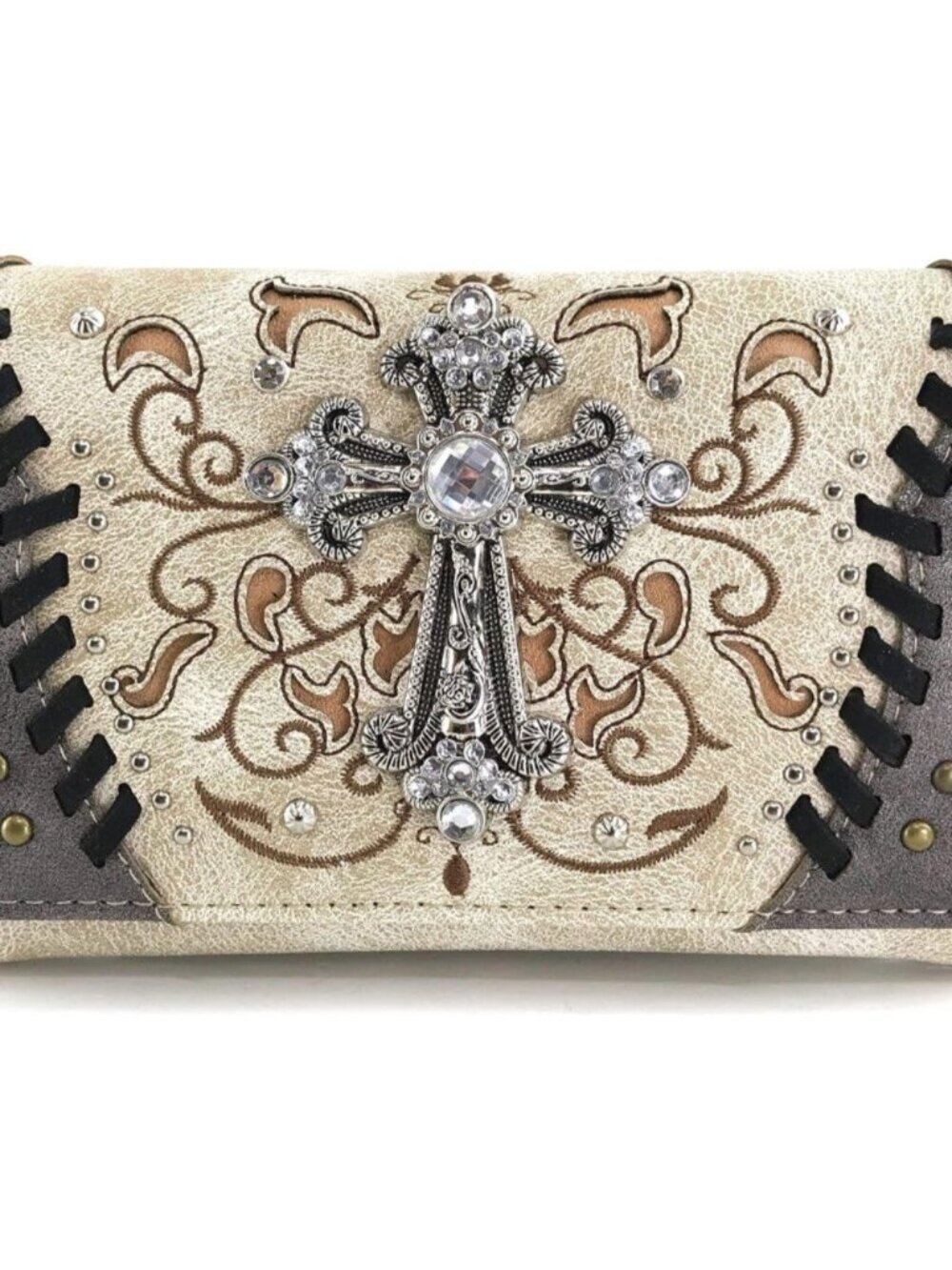 Justin West Spring Bloom Western Cross Women Crossbody Wrist Trifold Wallet NWT